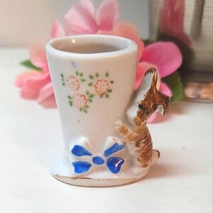 Vintage Floral Bow & Puppy Tooth Pick Holder marked Japan Hand Painted